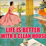 Clean House | LIFE IS BETTER; WITH A CLEAN HOUSE | image tagged in 50s housewife,sayings,vintage,so true memes,housework,home | made w/ Imgflip meme maker
