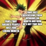 Finally, A NEW TEMPLATE!!! (Sorry I posted it on the wrong stream, It's supposed to be on the  anime stream) | FANS JUST DISCUSSING THEIR OPINIONS ON MINETA AND HOW HE'S NOT THAT BAD; FANS THAT BASHES PEOPLE JUST FOR LIKING MINETA | image tagged in kota punching deku | made w/ Imgflip meme maker