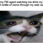 crying cat | my FBI agent watching me drink my 4th bottle of clorox through my web cam | image tagged in crying cat | made w/ Imgflip meme maker