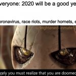 Credit to Trooper-46-Heccinchonky for the template | Everyone: 2020 will be a good year; Coronavirus, race riots, murder hornets, etc: | image tagged in surely you must realize that you are doomed,2020 sucks | made w/ Imgflip meme maker