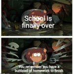 New meme template | School is finally over; You remember you have a buttload of homework to finish | image tagged in amphibia anne gets caught in sewer | made w/ Imgflip meme maker