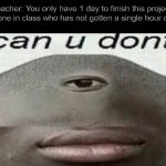 can you do not | Teacher: You only have 1 day to finish this project.
everyone in class who has not gotten a single hour of rest: | image tagged in can you dont | made w/ Imgflip meme maker