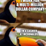 just say the first line to your parents, kids! | I WORK FOR A MULTI-MILLION DOLLAR COMPANY; I'M A CASHIER AT MCDONALDS | image tagged in toucan beak | made w/ Imgflip meme maker