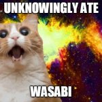 Food shock | UNKNOWINGLY ATE; WASABI | image tagged in mind blown cat,spicy,shocked face | made w/ Imgflip meme maker