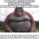 Has anyone had a pathetic fat kid as a P.E partner here? | WHEN YOU HAVE P.E CLASS AT 8:30
THE FAT KID WHO ATE TEN BAGS OF CANDY A COUPLE HOURS EARLIER:; SUGAR ENERGY GOING LOW | image tagged in stinky,fat kid,candy,pe | made w/ Imgflip meme maker