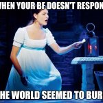 Hamilton meme | WHEN YOUR BF DOESN'T RESPOND; THE WORLD SEEMED TO BURN | image tagged in burn | made w/ Imgflip meme maker