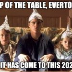 tinfoilhats | TOP OF THE TABLE, EVERTON? SO IT HAS COME TO THIS 2020? | image tagged in tinfoilhats | made w/ Imgflip meme maker
