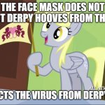 Derpy Hooves facts | THE FACE MASK DOES NOT PROTECT DERPY HOOVES FROM THE VIRUS; IT PROTECTS THE VIRUS FROM DERPY HOOVES | image tagged in derpy hooves facts | made w/ Imgflip meme maker