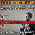 you're trying to control me.  narcissist narcissism | NARCISISTIC  VICTIM  BLAMING; EVER DARE TO VOICE YOU'RE NOT
OK WITH BEING NEGLECTED & ABUSED? "YOU'RE TRYING TO CONTROL ME"; A DARK & SINISTER NARC FAVORITE | image tagged in narcissist blame | made w/ Imgflip meme maker