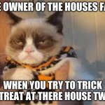 Grumpy Cat Halloween | THE OWNER OF THE HOUSES FACE; WHEN YOU TRY TO TRICK OR TREAT AT THERE HOUSE TWICE | image tagged in memes,grumpy cat halloween,grumpy cat | made w/ Imgflip meme maker