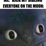 oop | ME: *KICK MY SIBLING*; EVERYONE ON THE MOON: | image tagged in unsettled toothless,httyd,how to train your dragon | made w/ Imgflip meme maker