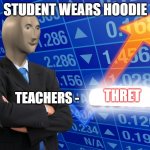 Stunk Hoodie Meme | STUDENT WEARS HOODIE; THRET; TEACHERS - | image tagged in stunks meme,school | made w/ Imgflip meme maker