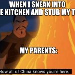 Now all of China knows you're here | WHEN I SNEAK INTO THE KITCHEN AND STUB MY TOE MY PARENTS: | image tagged in now all of china knows you're here | made w/ Imgflip meme maker