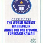 tonikaku kawaii | THE WORLD FASTEST MARRIAGE IN ANIME FOR ONE EPISODE; TONIKAKU KAWAII | image tagged in guinness world records | made w/ Imgflip meme maker