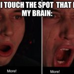 More! MORE! | WHEN I TOUCH THE SPOT  THAT HURTS
MY BRAIN: | image tagged in more more | made w/ Imgflip meme maker