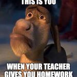 You when your teacher gives you homework | THIS IS YOU; WHEN YOUR TEACHER GIVES YOU HOMEWORK | image tagged in sad donkey,when your teacher gives you hw | made w/ Imgflip meme maker