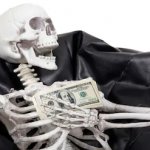 happy skeleton with money