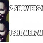 S H O W E R | 2 SHOWERS/DAY; 1 SHOWER/WEEK | image tagged in shower,shower thoughts,golden showers,kermit on shower | made w/ Imgflip meme maker