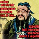 chinese philosopher | Expecting life will be fair to you because you're a nice person, is like... expecting a bull not to attack you because you're a vegetarian | image tagged in chinese philosopher | made w/ Imgflip meme maker