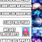 THERE IS ALWAYS POSITIVES | 2020 IS ABSOLUTE TRASH; 2020 IS A BAD YEAR; I DONT HAVE AN OPINION; I KINDA LIKE QUARINTINE; I LIKE THIS YEAR; WE GOT THESE GUYS; AMONG US APPEARS; WE DID IT BOIS | image tagged in expand brain 8 | made w/ Imgflip meme maker