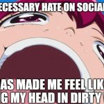 The Hate on Social Media | THE UNNECESSARY HATE ON SOCIAL MEDIA... HAS MADE ME FEEL LIKE DUNKING MY HEAD IN DIRTY WATER. | image tagged in streched head meme,precure,smile precure,memes | made w/ Imgflip meme maker