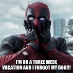 Deadpool shocked 2 | I'M ON A THREE WEEK VACATION AND I FORGOT MY DOG!!! | image tagged in deadpool shocked 2 | made w/ Imgflip meme maker