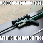 Tranquilizer dart gun | WHEN YOU SEE CRUSH COMING TO YOUR HOUSE; AFTER SHE BECAME A THOT | image tagged in tranquilizer dart gun | made w/ Imgflip meme maker