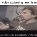 This Is a Compliment, BTDubs | Christopher Nolan explaining how his movies work: | image tagged in chocolate lines up planetarily with the sun,memes,chris,poland,close enough | made w/ Imgflip meme maker