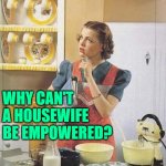 Empowered Housewife | WHY CAN'T A HOUSEWIFE BE EMPOWERED? | image tagged in vintage kitchen query,housewife,empowering,good question,women,so true memes | made w/ Imgflip meme maker