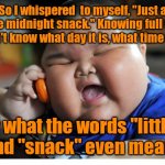 I'm wasting away to a ton. | So I whispered  to myself, "Just a little midnight snack." Knowing full well I don't know what day it is, what time it is. Or what the words "little" and "snack" even mean. | image tagged in fat kid on phone,selfcontrol,sortoffunny | made w/ Imgflip meme maker