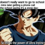 Ultra instinct | me: doesn't really want to go to school; me 2 mins later getting a phone call from the school saying it's a snow day: | image tagged in ultra instinct | made w/ Imgflip meme maker