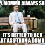 My momma always said | MY MOMMA ALWAYS SAID IT'S BETTER TO BE A SMART ASS THAN A DUMB ASS | image tagged in forrest gump | made w/ Imgflip meme maker