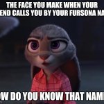 That awkward moment with your friend | THE FACE YOU MAKE WHEN YOUR FRIEND CALLS YOU BY YOUR FURSONA NAME; HOW DO YOU KNOW THAT NAME? | image tagged in judy hopps curious,judy hopps,zootopia,the face you make when,funny,memes | made w/ Imgflip meme maker
