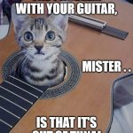 Guitar Out of Tuna | THE PROBLEM WITH YOUR GUITAR, MISTER . . IS THAT IT'S OUT OF TUNA! | image tagged in guitars,cats,funny memes | made w/ Imgflip meme maker