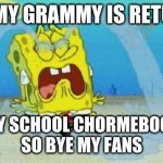 bye my fans forever | TODAY MY GRAMMY IS RETURNING MY SCHOOL CHORMEBOOK
SO BYE MY FANS | image tagged in cryin | made w/ Imgflip meme maker
