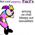 REEEEEEEEEEEEEEEEEEEEEEEEEEE | Not cool; among us chat bleeps out sexualities | image tagged in cool veemo facts | made w/ Imgflip meme maker