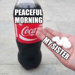 So tru tho | PEACEFUL MORNING; MY SISTER | image tagged in coke mentos hand meme | made w/ Imgflip meme maker