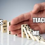 arggh teacher stop me | TEACHER; GAMES; ME | image tagged in hand stopping dominoes,games,teacher,life | made w/ Imgflip meme maker