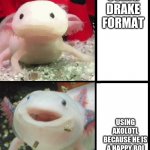 Axolotl | USING DRAKE FORMAT; USING AXOLOTL BECAUSE HE IS A HAPPY BOI IN MINECRAFT | image tagged in axolotl | made w/ Imgflip meme maker
