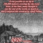 meteor shower | On November 12, 1833, there was a meteor shower so intense that it was possible to see up to 100,000 meteors crossing the sky every hour. At the time, many thought it was the end of the world, so much so that it inspired this woodcut by Adolf Vollmy; 2020 ....... Hold My BEER! | image tagged in meteor shower | made w/ Imgflip meme maker