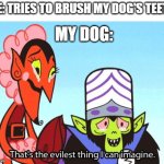 So True | ME: TRIES TO BRUSH MY DOG'S TEETH; MY DOG: | image tagged in memes,that's the evilest thing i can imagine | made w/ Imgflip meme maker