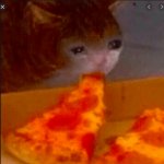 depressed cat eating pizza