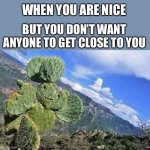Stay back.  I will hurt you. | WHEN YOU ARE NICE; BUT YOU DON’T WANT ANYONE TO GET CLOSE TO YOU | image tagged in happy cactus,nice,stay away,get back,stop,memes | made w/ Imgflip meme maker