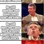 Childhood youtuber yes. | Looking at Stampylongnose video's because he raised you and a whole generation during your childhood; He still uploads and gains more than 50k views. He still does the same intro in every Minecraft video after 7 years. HE'S NEARLY AT 10 MILLION SUBSCRIBER. | image tagged in wwe shocked,childhood,youtuber,minecraft,videos,video games | made w/ Imgflip meme maker