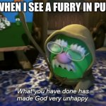 What you have done has made God very unhappy | ME WHEN I SEE A FURRY IN PUBLIC | image tagged in what you have done has made god very unhappy | made w/ Imgflip meme maker