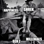 dinos in boat guy | HAPPINESS; SHREK; MILLENIALS; GEN Z | image tagged in dinos in boat guy | made w/ Imgflip meme maker