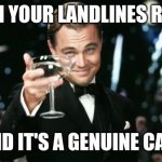 Landline calls | WHEN YOUR LANDLINES RINGS; AND IT'S A GENUINE CALL | image tagged in leo decaprio tee-hee | made w/ Imgflip meme maker