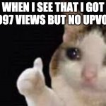 Crying Cat with Thumbs up | WHEN I SEE THAT I GOT 25,997 VIEWS BUT NO UPVOTES | image tagged in crying cat with thumbs up | made w/ Imgflip meme maker