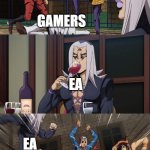 Ea being greedy | MICROTRANSACTIONS; GAMERS; EA; EA; MICROTRANSACTIONS | image tagged in abbacchio joins the kicking,ea,money,jojo's bizarre adventure | made w/ Imgflip meme maker