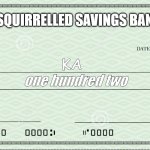 Squirrel cheque | SQUIRRELLED SAVINGS BANK; October 28, 2020; KA; 102.00; one hundred two | image tagged in blank check | made w/ Imgflip meme maker